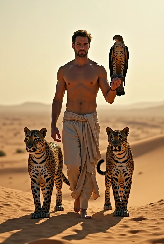 A handsome slim shirtless white skinned man in the desert with a falcon and two leopards beside him