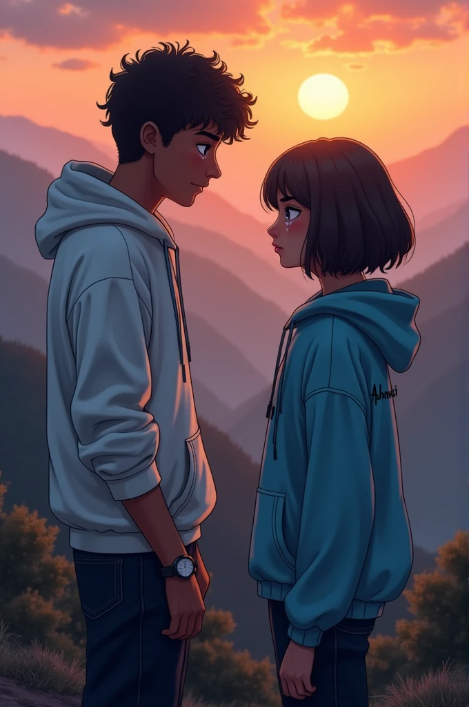 A handsome sad boy, an standing on the mountain hills, boy wearing white hoodie, black jeans, Curley hair, wearing watch, tearful eyes and facing toward girl with tearful eyes, girl walking straight, girl wearing black jeans, sky blue hoodie, short silky hair, evening sunset, mountain hill in background, evening sunset, written 'Abhishek' in backside of boy jacket, and written 'khushi' in backside of girl hoodie