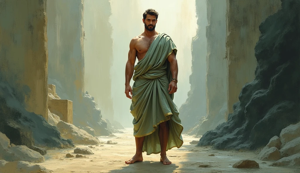 A male Stoic philosopher, around 2, with a well-proportioned, attractive physique and slightly tanned skin. He wears classic tunics in soft earthy tones—gray and olive green—with subtle gold or copper details, draping over his body and revealing one shoulder. The scene shows him standing confidently at a clear, strong boundary line. On one side, the environment is orderly and serene, while the other side is chaotic and dark, representing toxic influences being kept at bay. The philosopher’s posture and determined expression highlight the balance between forgiveness and self-respect. The scene is painted in an impressionist style, using dramatic brushstrokes to emphasize the contrast between the calm and chaotic sides and the philosopher’s firm stance.