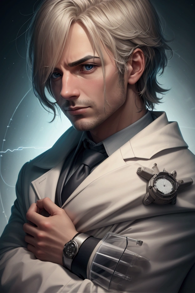 Create a scientist thinking with his hand on his chin