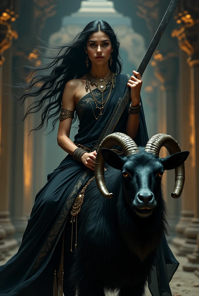 girl in full black saree wearing black long black hair with sword in one hand and trishul in other hand sitting on black goat in tample