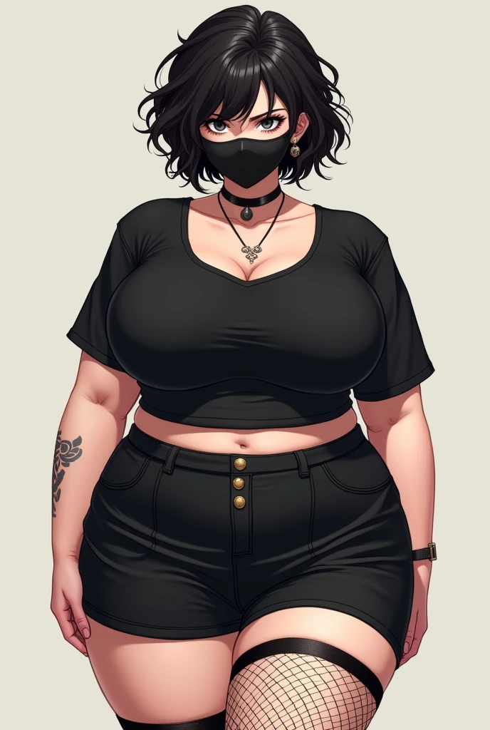 An anime style image of a man with short curly hair, A slightly fat body with big hips wearing a tight black shirt where her flat breasts stand out and a school skirt with a black mask on her face, with fat thighs with fishnet tights on 