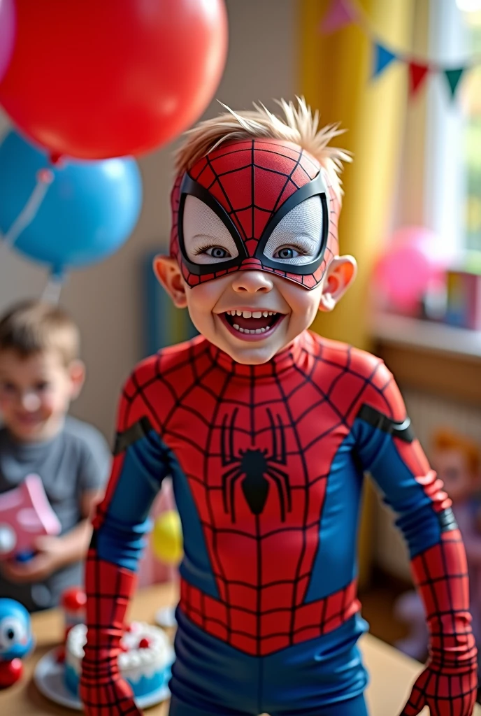 a boy wearing spiderman costume for his birthday celebration