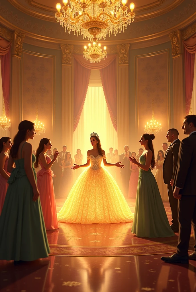 Design an elegant ballroom in the palace, with rich decorations and refined details, such as luxurious curtains, chandeliers and tapestries. The setting should reflect the grandeur and sophistication of the place. Show the exact moment of the transformation. Place the frog in the center of the scene, with a magical glow or light effect around it. The transformation process can be represented with sparks or a glowing aura, showing the metamorphosis in progress. After the transformation, portray the frog as a beautiful maiden in a dazzling ball gown. The maiden should have a serene and confident expression, highlighting her new form and beauty. Place the guests around her, with expressions of surprise and admiration. Show them with open mouths and wide eyes, some perhaps applauding or making gestures of astonishment. The expressions should clearly convey the positive impression that the transformation has made. Add details that emphasize the transformation and its impact, such as a faint aura of magic around the maiden and perhaps a dramatic reaction from an important character, such as the tsar or prince. Use soft, radiant lighting that highlights the beauty of the maiden and the magic of the transformation. Warm, bright colors can be used to highlight the scene and create contrast with the surrounding environment.