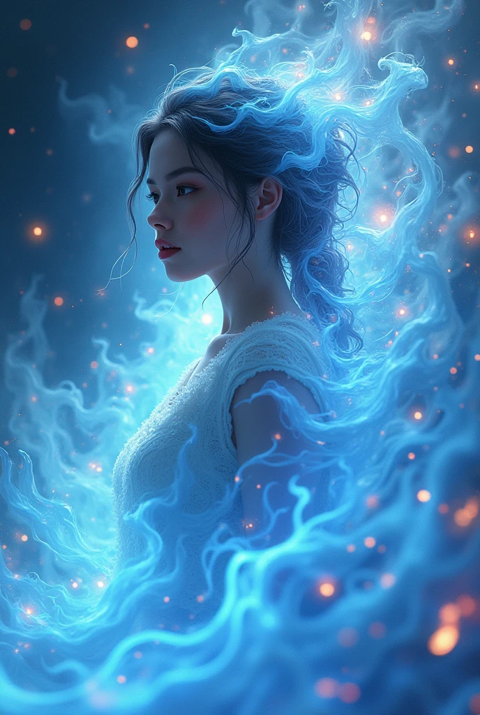 (masterpiece, top quality, best quality, official art, beautiful and aesthetic:1.2), (1girl), extreme detailed,(fractal art:1.3),colorful,highest detailed, blue and white Flame 