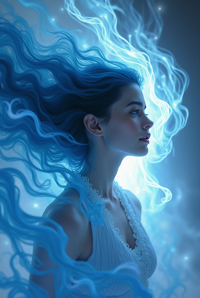 (masterpiece, top quality, best quality, official art, beautiful and aesthetic:1.2), (1girl), extreme detailed,(fractal art:1.3),colorful,highest detailed, blue and white Flame