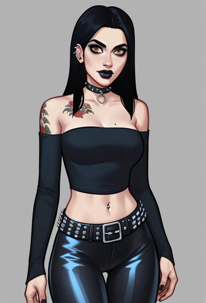 Odette looks like a character straight out of The Addams Family : light carnation, long raven black hair with white streaks, more than generous ways and a look to condemn those who dared to approach her. In some transgressions to this two-tone appearance, Her amber eyes and many tattoos stand out.

She fully embraces a gothic style; Her clothing is a strapless top on which a white ghost is stylized, a miniskirt and opaque tights, all black. She wears a leather choker around her neck, a studded belt around his waist and several body piercings. She also wears dark makeup, as well as black nail polish.. 