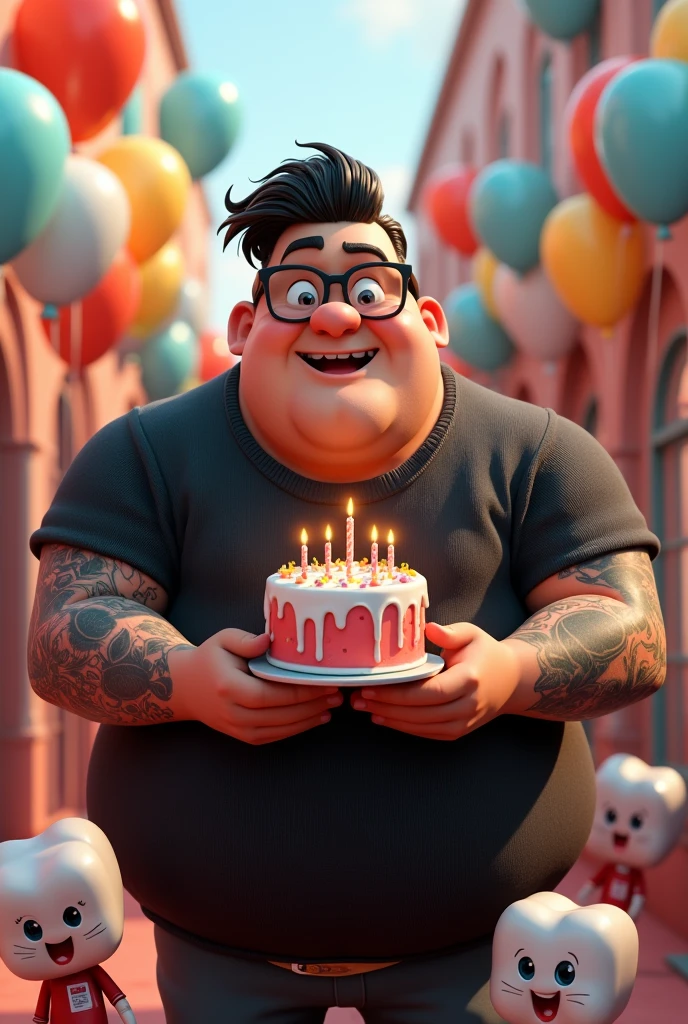 Disney Pixar style 3D character illustration of a plus-size man, bad boy square face with short hair combed to the side, black glasses, black sweater, tattoos on arms, blowing out a birthday candle surrounded by dentists and tooth balloons 