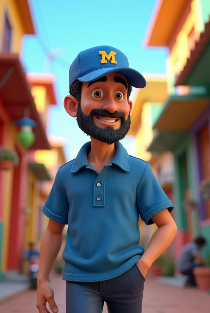Pixar-inspired 3D poster capturing a background scene with a 3 man with a short, dark beard , square face white man with black hair to the side short lumberjack style dressed in blue polo shirt or suit with a blue cap with the letter m on the cap light skin color happy in a in the favela walking