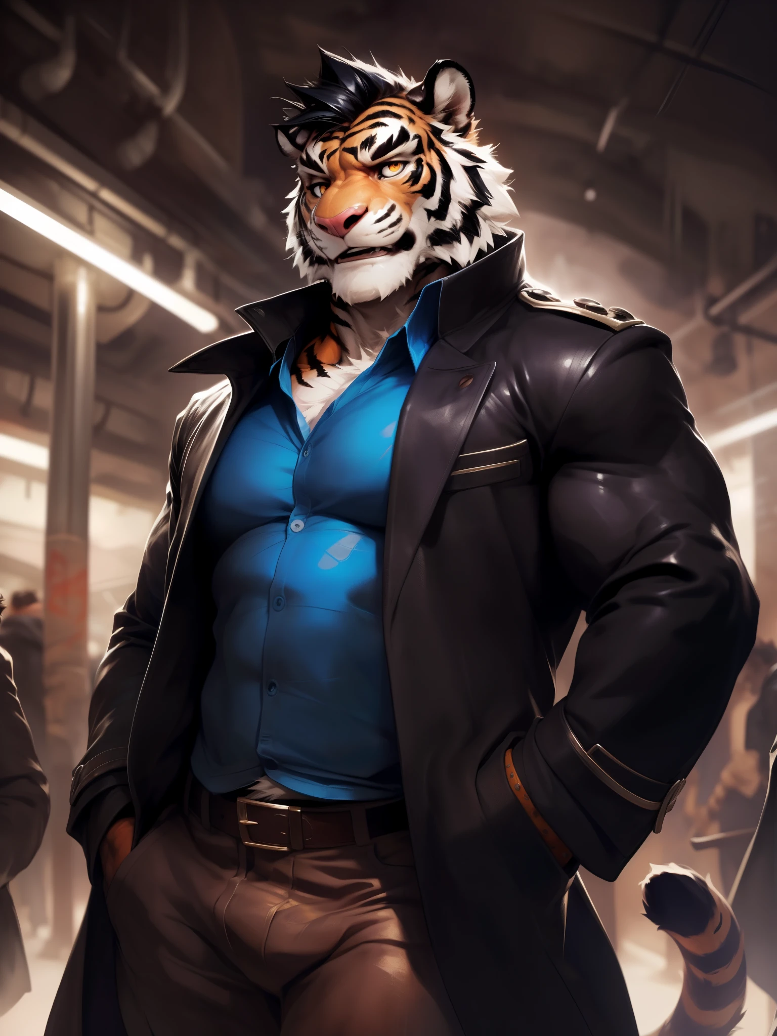 solo, furry, furry male, tiger ((fluffy body, fluffy fur, furry body)), (tiger print, orange body), (skinny body:1.2), lean body, defined muscles, thick stripes, black stripes, (short hair, black hair, spiked hair), golden eyes, expressive eyes, pink nose, black clothes, baggy clothes, (black overcoat, blue undershirt, (button-up shirt), aviator overcoat, military jacket, military attire), (hands in pockets), silver buttons, silver trimming, leather belt, worn leather belt, brown leather pants, close-view portrait, full body, underground subway station, indoors, incandescent lighting, graffiti walls, bench, (by null-ghost, by darkgem, masterpiece, absurdres, hi-res,4k,high quality), leaning, closed mouth, serious expression, confident,