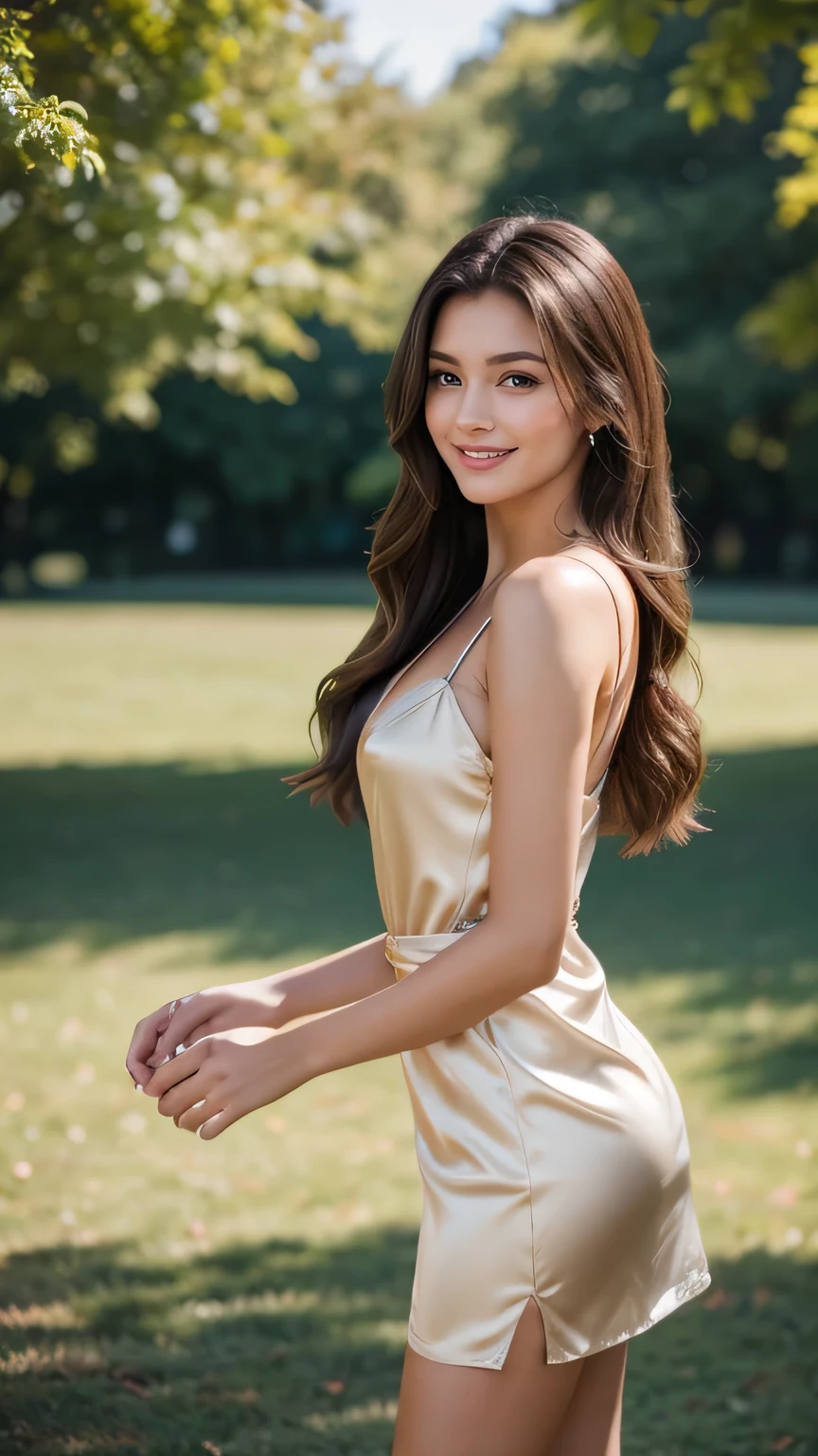 Realistic full body photo of a smiling, beautiful brunette woman with long hair, She dances in front of the camera in a short elegant A-line dress with satin straps. ...., fine fabrics, Park,glamour fotoshooting, Park, perfect anatomy, perfect brown eyes. Perfect hands with 5 fingers on each hand, Suitable woman, looking at the camera, 1 Frau. (Eye make up:1.1), (highly detailed skin:1.1), spirit, analog style, keen focus, 8K UHD, dslr, good quality, Fujifilm XT3, Grain, Award-winning, masterpiece. Park
