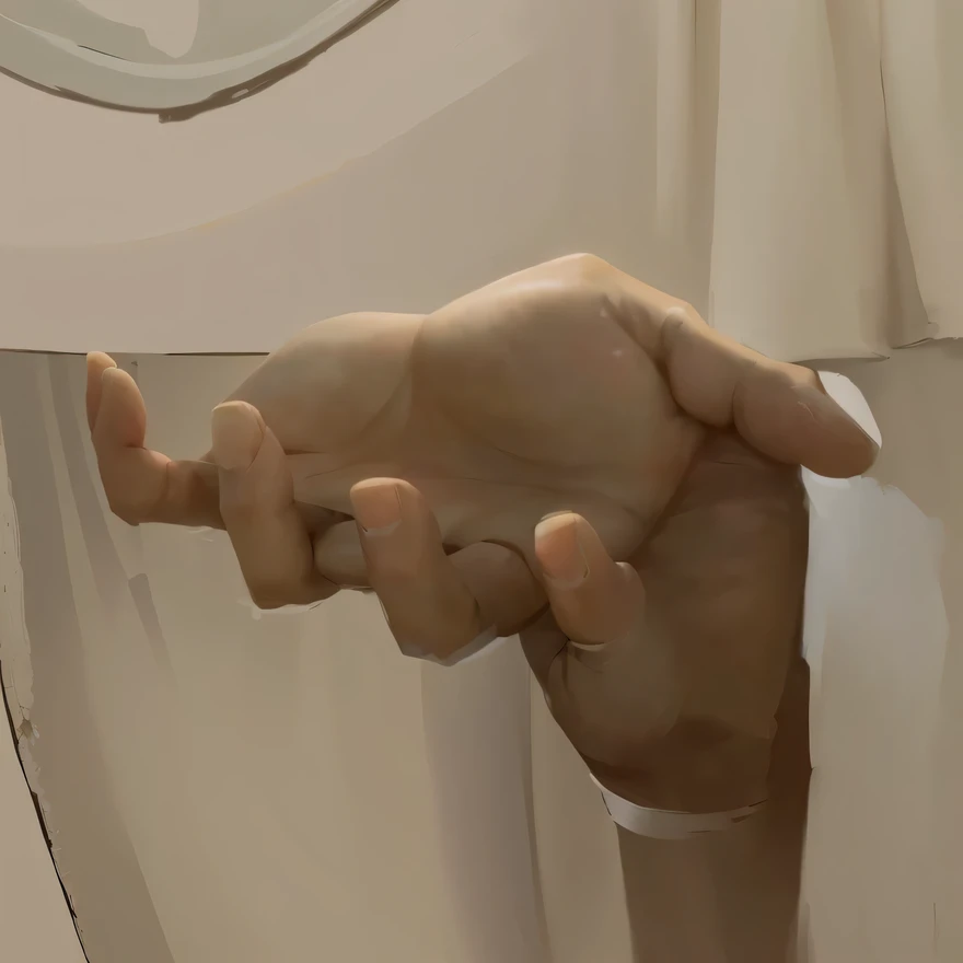 There is a painting of a person holding a knife in his hand., High detail of a hand, ultra detail. Digital paint, drawn with photoshop, low detailed. Digital paint, ! holding in his hand !, wikihow illustration, realistic hand, in his right hand, detailed soft paint, heavy gesture style closeup, In his left hand, realistic illustration, corrected hand