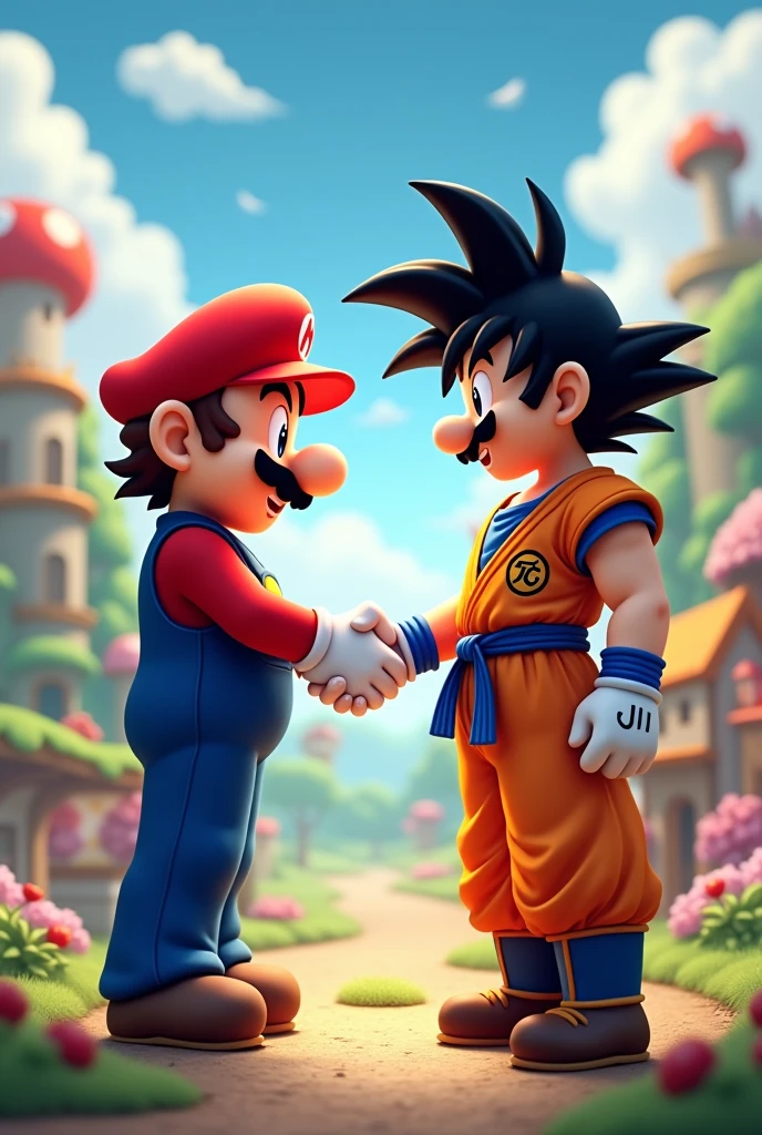 Super mario bror shaking hands with goku