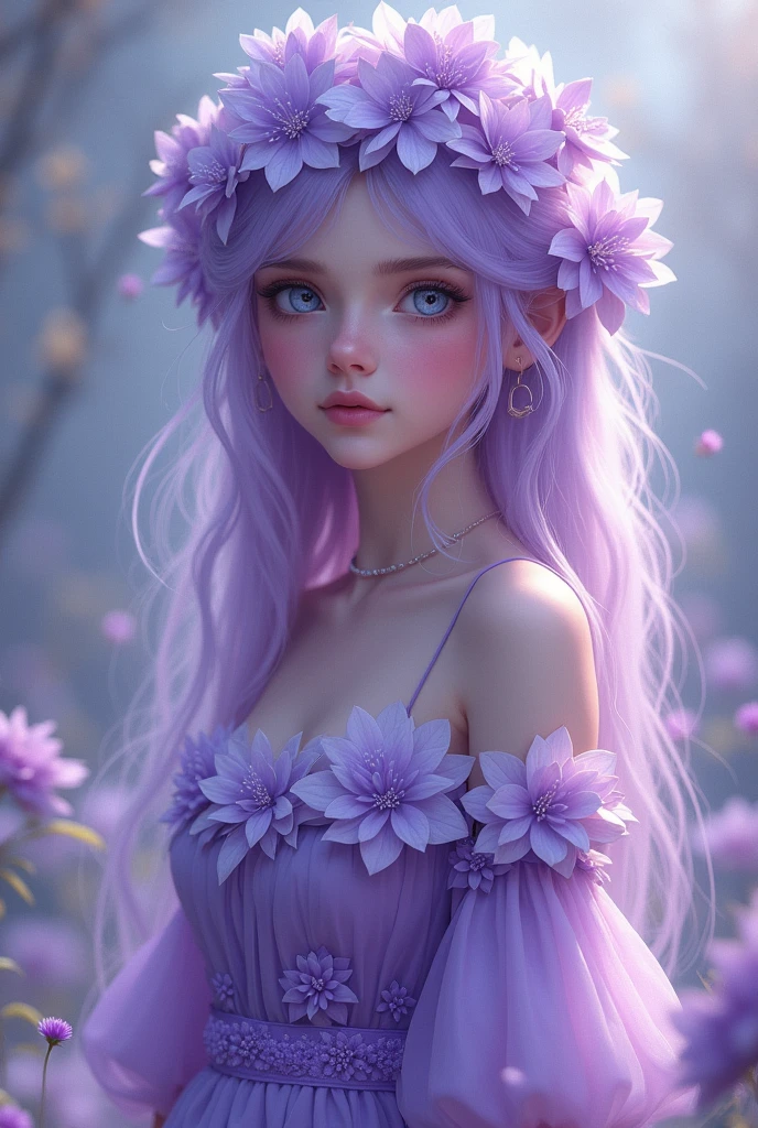 A girl with lavender skin color, and hair in shades of purple and lilac. With purple eyes wearing a dress that looks like a Hydrangea flower 