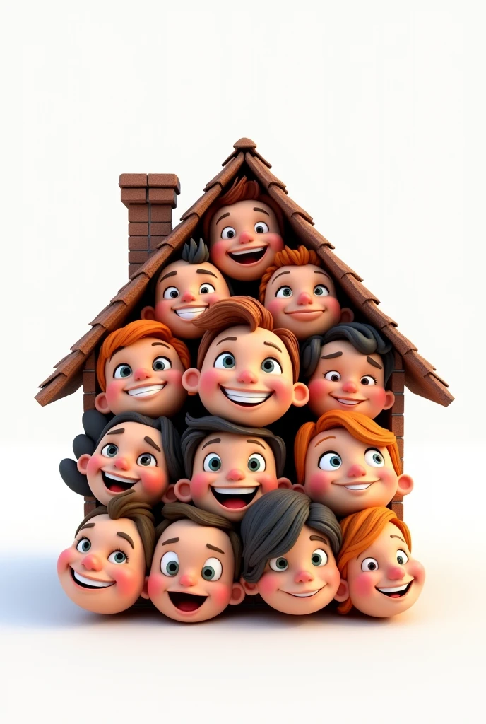 many people, next, happy faces, set of faces forms a house, white background, house filled with faces