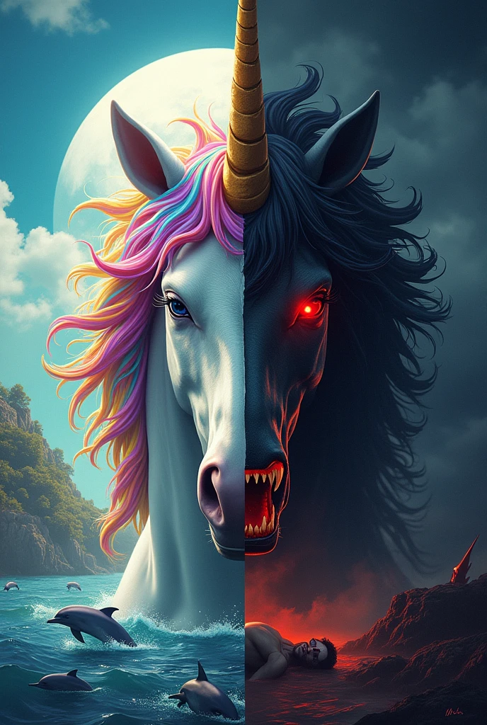 An image that is divided into two parts. In the first part a colorful daytime landscape with a super colorful unicorn and lots of dolphins. The other part of the image with a not so colorful night landscape and the moon illuminating a colorful unicorn with bloody red eyes and large fangs eating a human