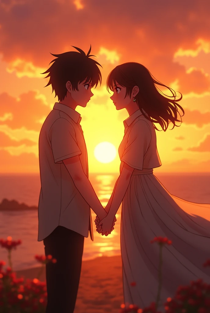 A powerful wide shot of Mitsuha and Taki finally meeting at sunset, their hands clasped together as the world fades into the background.