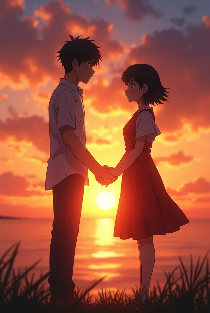 A powerful wide shot of Mitsuha and Taki finally meeting at sunset, their hands clasped together as the world fades into the background.