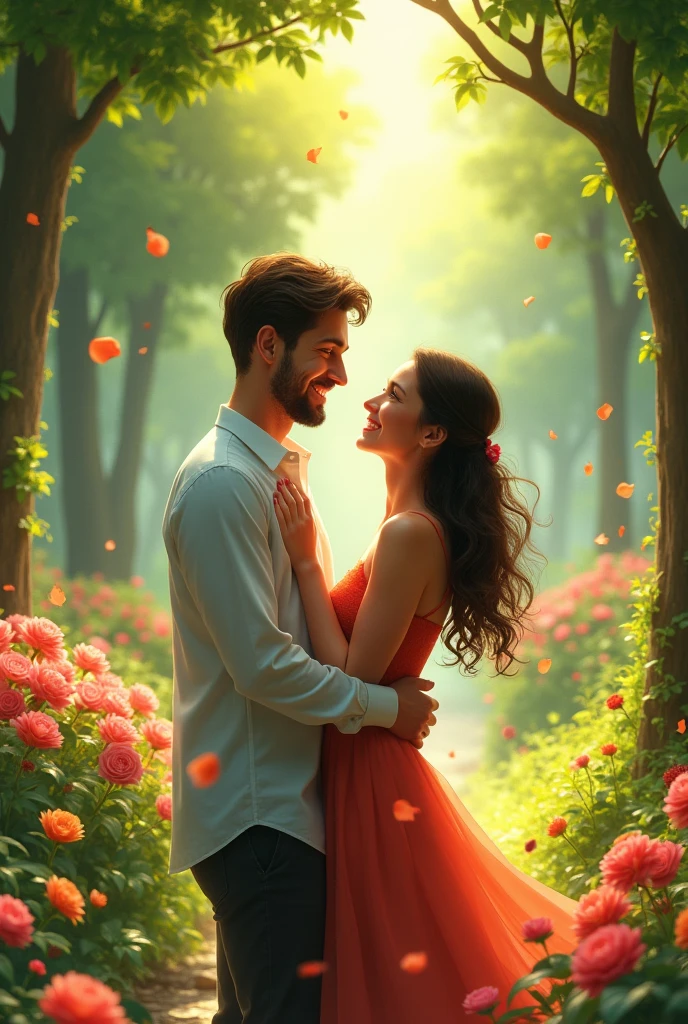 I want a couple in love in a very happy garden