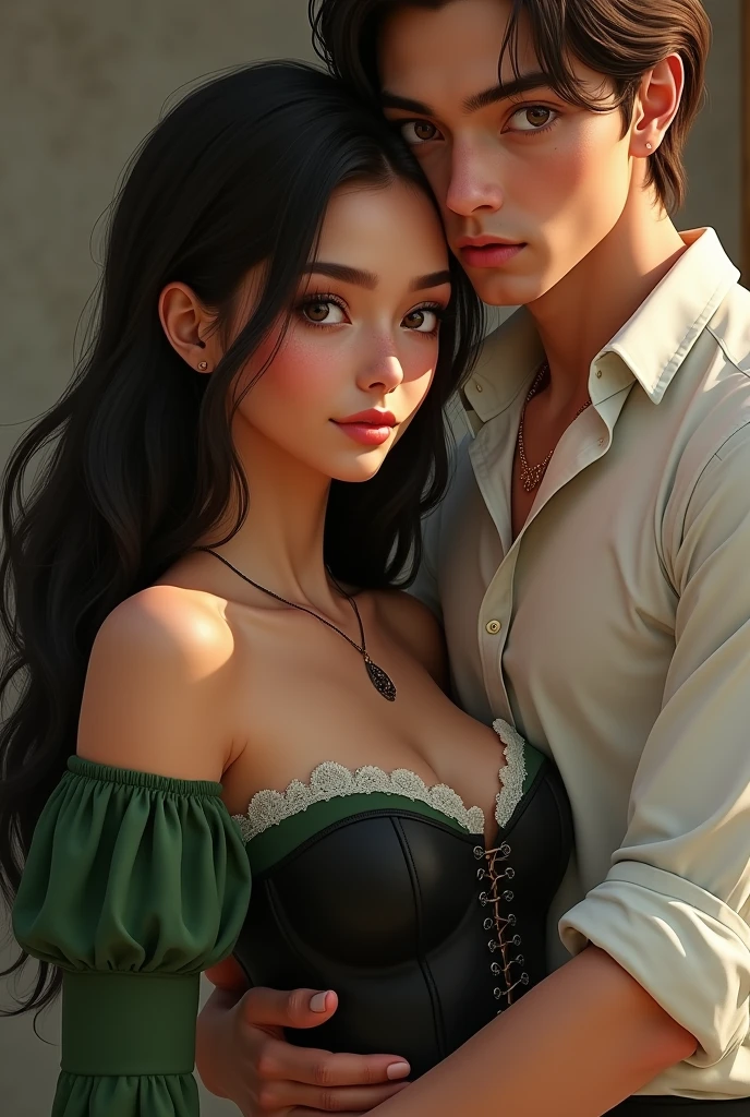 Create the image of a tanned woman with long hair,smooth and very black ,brown eyes,freckles only on the cheeks and nose and a medium-sized pink mouth. She must be wearing a long green dress with puffed sleeves and a black corset and a tall, strong man with white skin wearing a white dress shirt.,with brown hair and hazel eyes and no beard he must be holding her by the waist and both looking forward