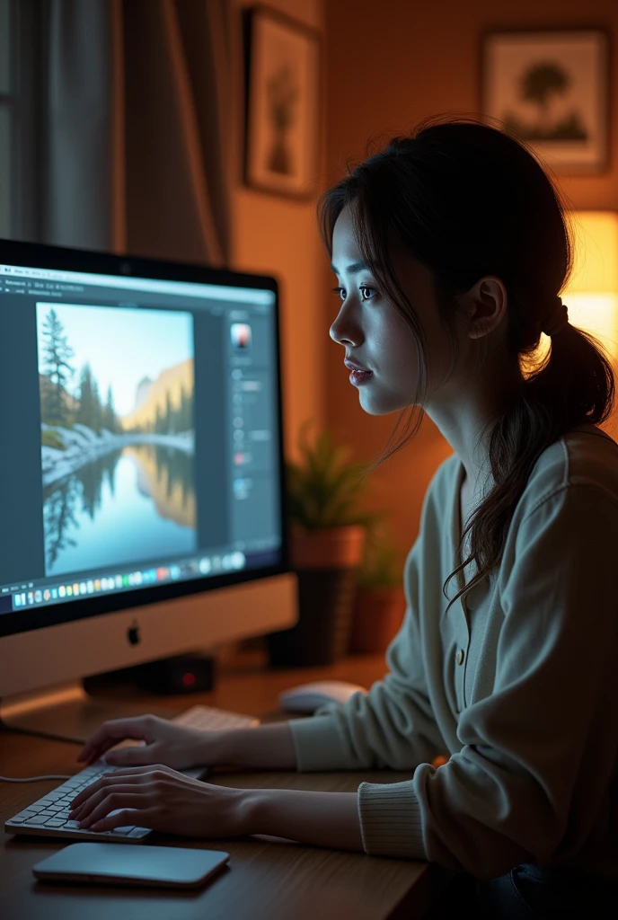 A girl processes photos on a computer