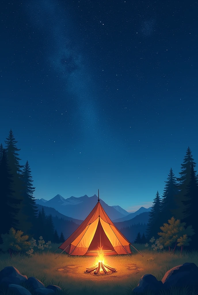poster the tent is standing in a meadow under the starry sky, in front of it there is a bonfire above the tent there is an inscription Yuru camp: a new era is coming