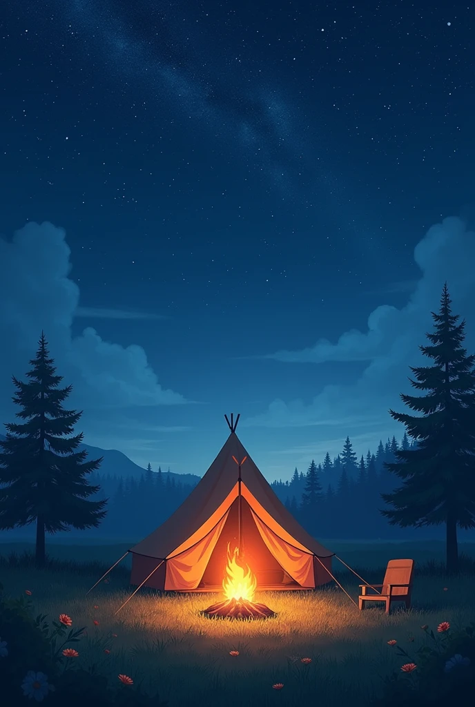 poster the tent is standing in a meadow under the starry sky, in front of it there is a bonfire above the tent there is an inscription Yuru camp: a new era is coming