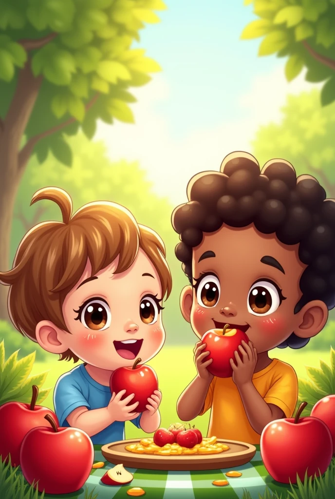 Children eating 6 apples cartoon
