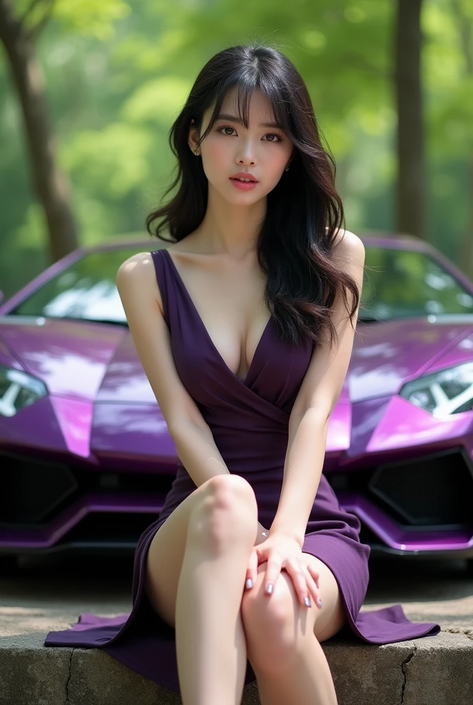 High quality image of a beautiful Korean woman with long black hair and bangs on her forehead, looking elegant and charming, wearing a sexy dark purple dress, sitting in the park outdoors, overlapping her legs sexily, wearing white high heels and a shiny purple Lamborghini Aventador car.