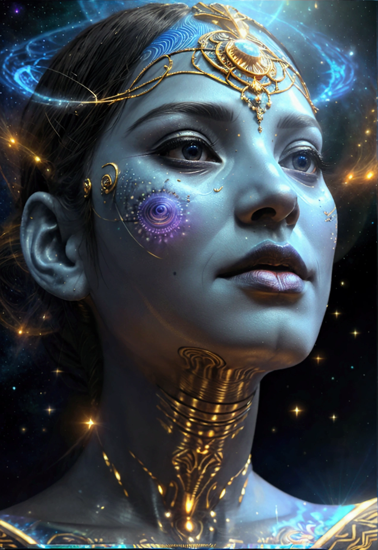 ultrarealistic and extremely detailed, Samuel Farrand like artwork, depicting a female extradimensional alien entity, goddess, ancient geometry, akashic record, intricate and detailed mandala designs, symbols, life form in a solar or space type of feel and fused with the lights and darks of space, blackness, bright, complex and beautiful, surreal, all seeing, shaman, deity, glowing, smoke, intertwined images of realistic 3D physical life forms, lighting effects, higher elevation, space spirit angel, instinctual, velocity, lucid dream, sacred spirit, 3rd eye illumination, perspective, superimposed