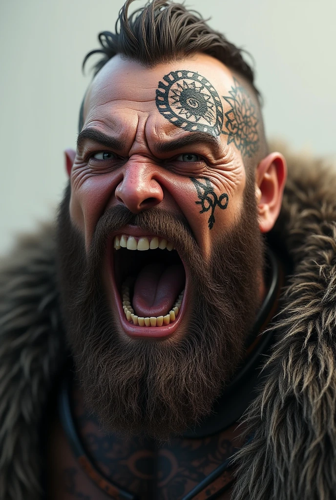 Realistic Viking screaming with his teeth bared with a Norse tattoo around his eye and with his eyes open and very expressive