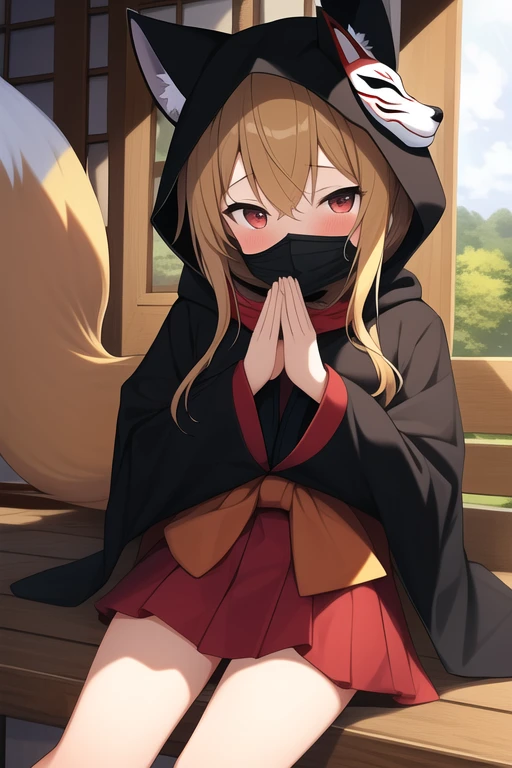 High_quality (_girl_with_flat_chest_wearing__Japanese_fox/mask_on_face_covering_couple_face)_hood_on_reviewer_red_black_cloak_cloak_tight_black_red_shirt_shirt_type_black_pant_sitting_down_in_pray_woodcroess_in_background)