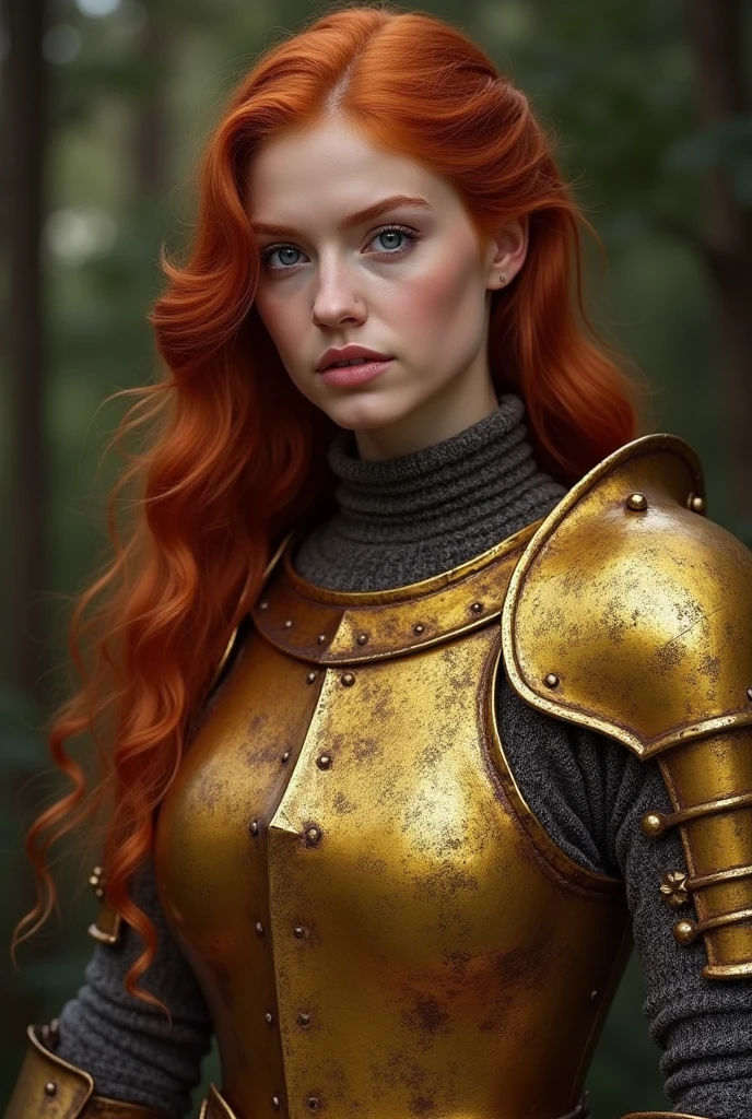proffesional, (4 k image:1.1), (Focus Clear:1.3), very detailled, Medieval knight in rusty golden armor, beautiful and delicate face, shining blue eyes, long red hair, (attractive young woman:1.3), (enticing:1.1), (blush:1.1), pear shape, perfect hands, Broad Hips. detaileds, all-body, full of femininity, enticing, dazzling, meditation, unreal motor 5. With lines by artist Luis Royo