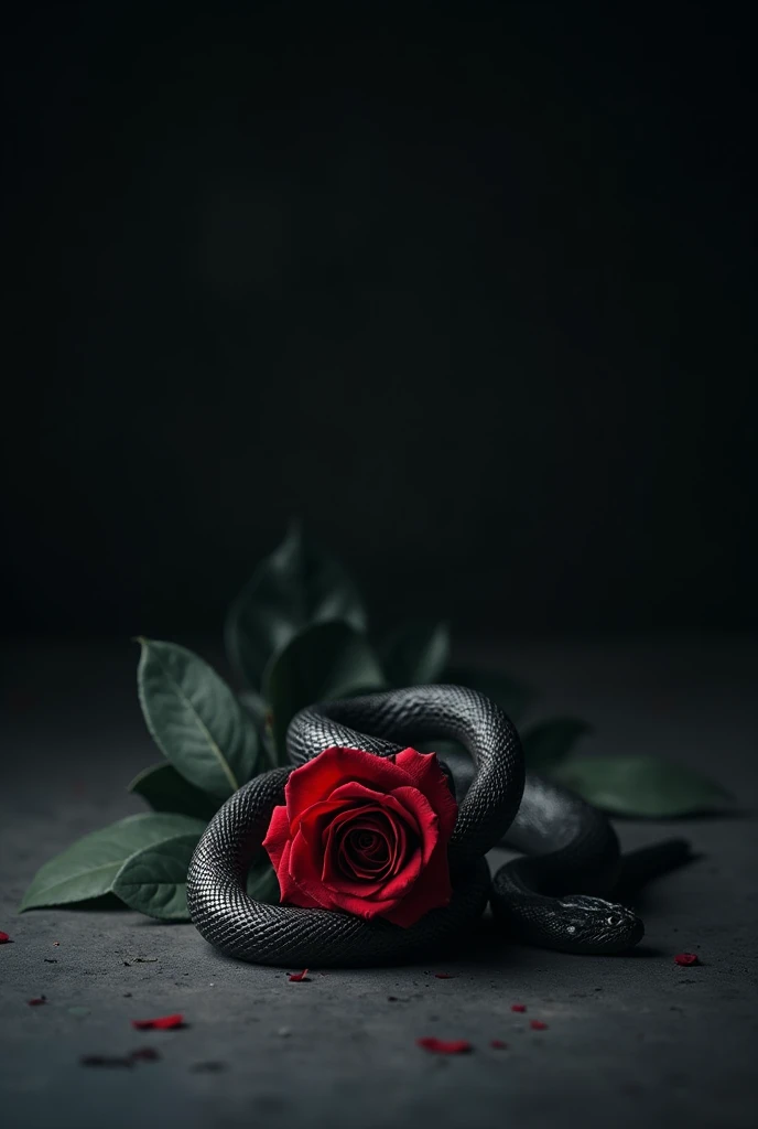 Make a completely dark background image, with a fallen rose, and a boa snake coiled around the flower