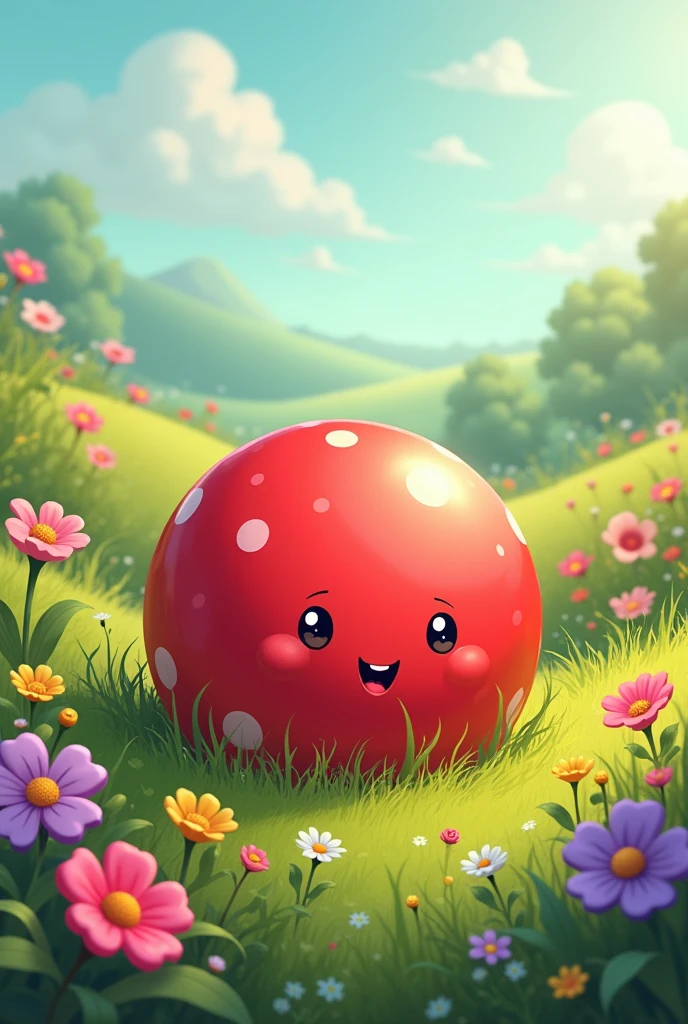 Smiling red polka dot ball on a flowery meadow