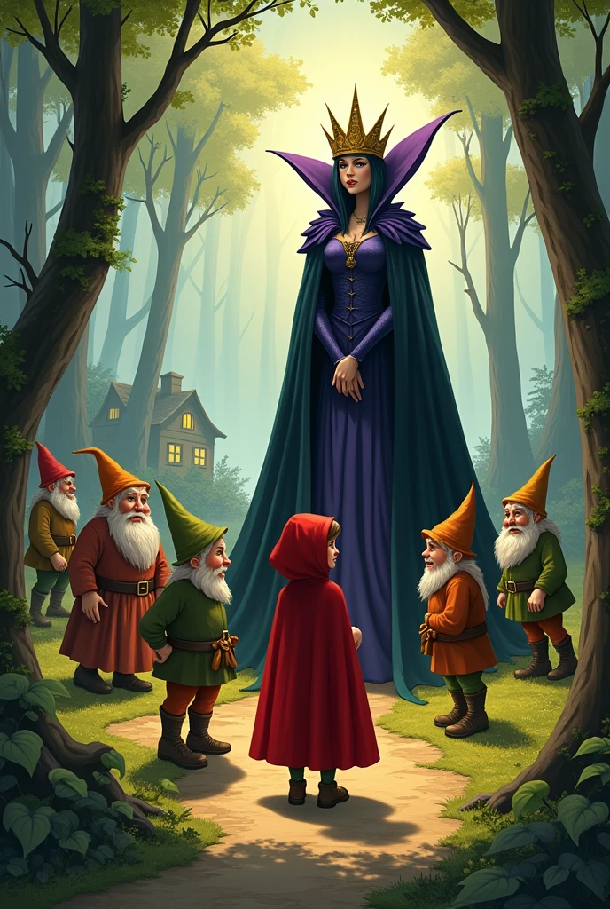 little red riding hood, seven dwarves and evil queen