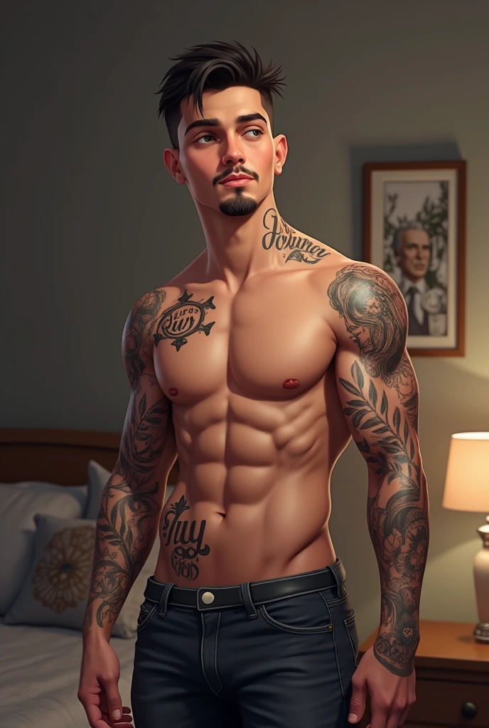 AI design High quality imvu drawing a young muscular man light skin with thin goatee with “ruy” tattoo and other tattoos bedroom background