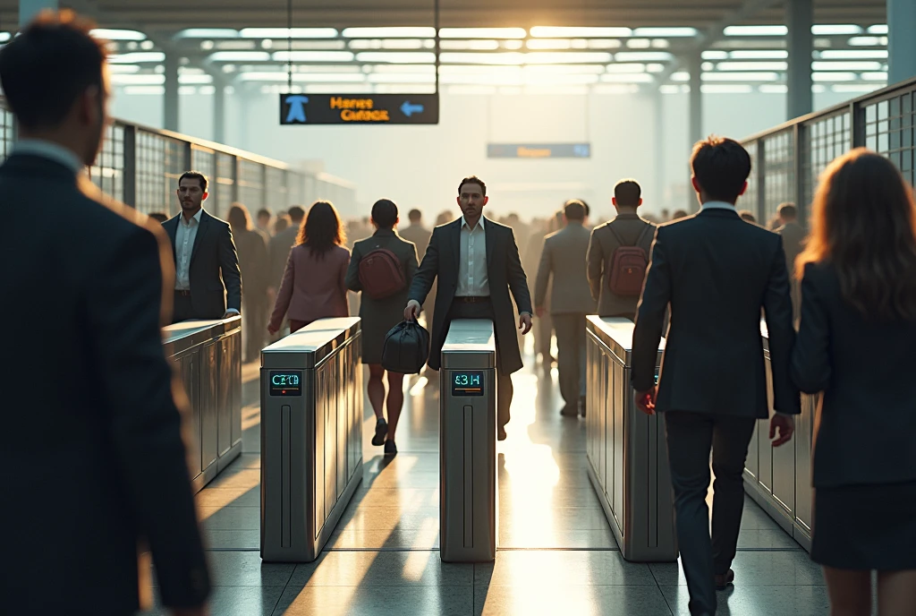 several people passing through a turnstile