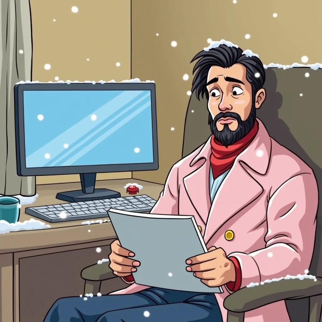 A 2 young rich man with a small beard and big mustache wearing a very lush bluish pent coat and a red muffler, lying next to a wall reading a paper letter looking down sorrowfully in shock and sadness Snow is still falling around.