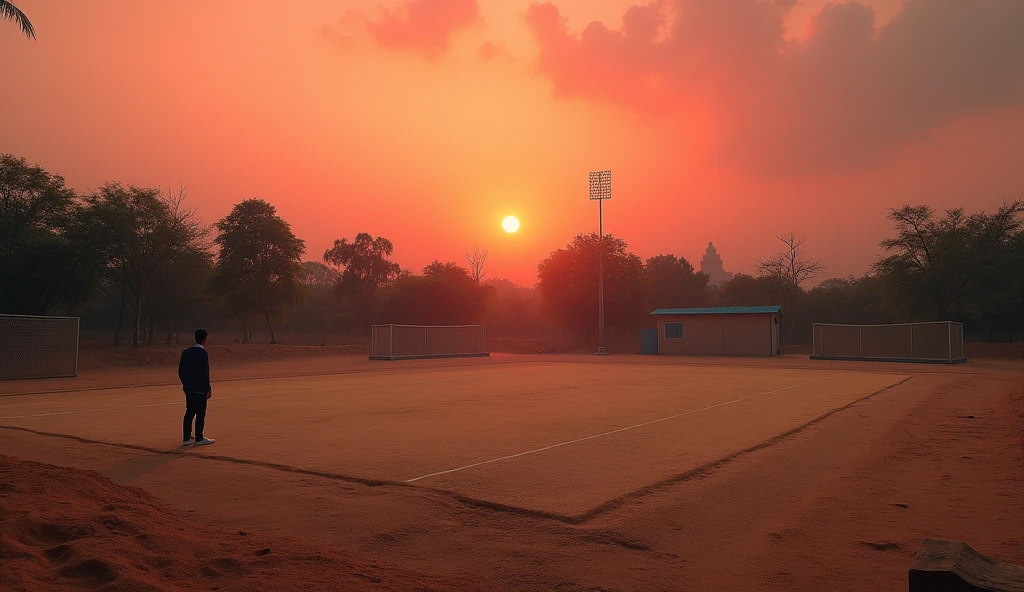 A local Cricket ground no grass sand ground in time evening sunset sky appears reddish realistic