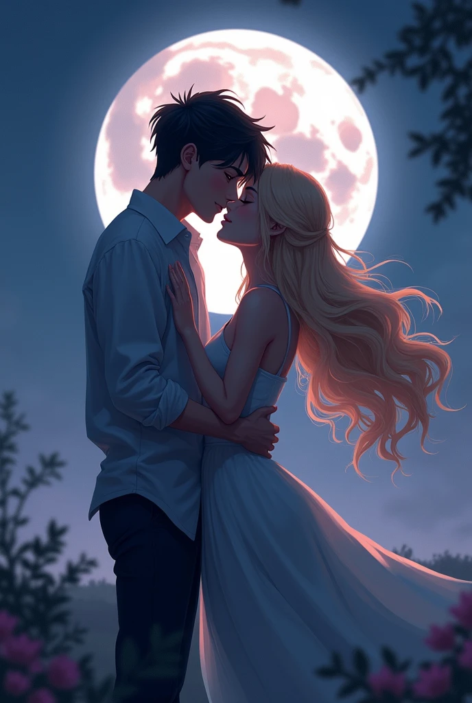 a guy with dark hair holds a girl with long blond hair by the waist, against the background of the moon, anime style