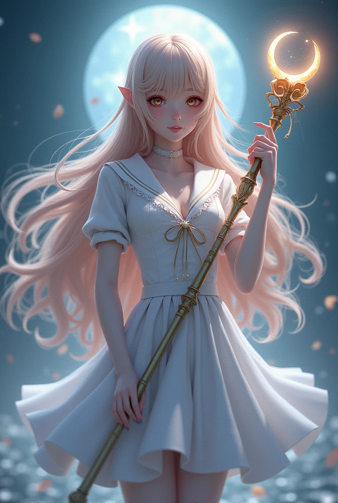 Sailor Crescent Moon with long beet-colored hair, Honey-colored eyes and white skin with a long scepter with a crescent moon on top