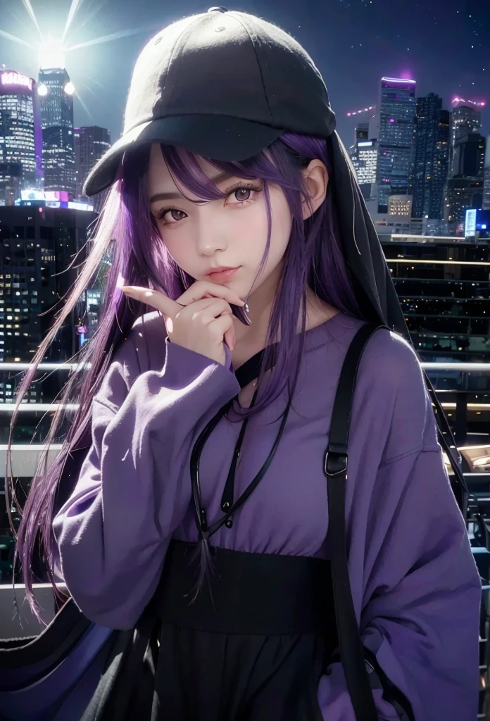 1 beautiful girl, purple hair, light purple eyes in the middle there are stars, wearing a black hat, purple clothes, very detailed, beautiful, realistic