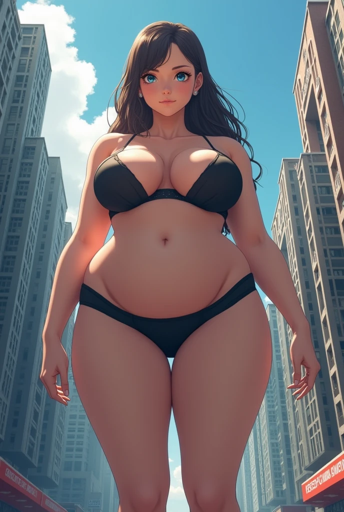 A colossal giantess girl standing in the city, wearing a small black lingerie with wide chest, largest m cup breasts, wide hips and inflated fat thighs, tan skin, blue eyes, brown hair, anime style