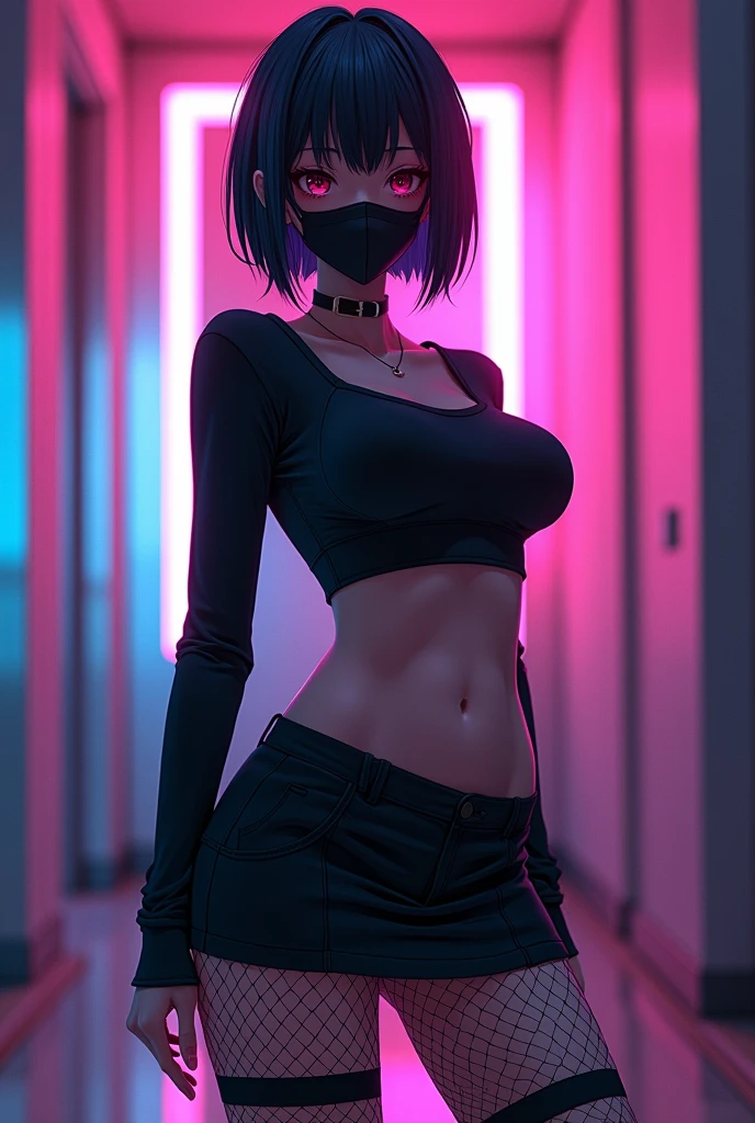An anime style image of a short haired femboy, with a slender body and big hips wearing a tight black shirt where her flat breasts stand out and a school skirt with a black mask on her face, with fat thighs wearing fishnet tights that are very sexualized and where a neon-type room
