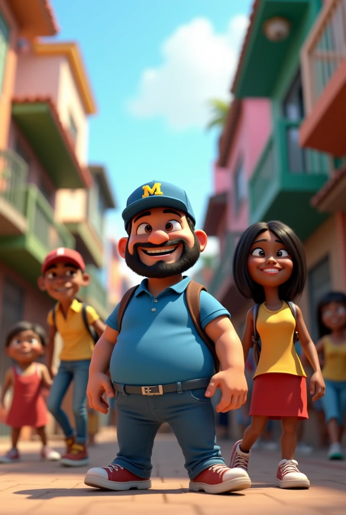 Pixar-inspired 3D poster capturing a background scene with a 3 man with a short, dark beard , square face white man with black hair to the side short lumberjack style dressed in blue polo shirt or suit with a blue cap with the letter m on the cap light skin color happy in a in the favela walking with a black woman straight hair