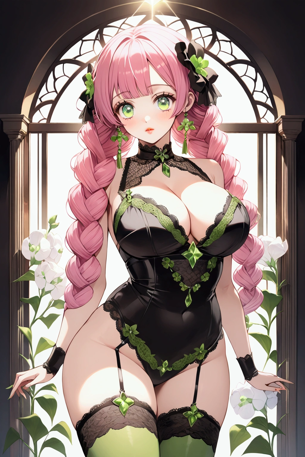 Convert your flower art into illustration.、Create backgrounds with vibrant colors and unique touches　The type of flower is statice、Gypsophila、sweet pea、Mix in some lace flowers, big breasts, cleavage, pink hair, green eyes, (green highlights), green braids, standing, contrapposto, sexy pose, thick thighs, thigh highs, lingerie, arms behind head, sexy pose, ulzzang, big green sparkling eyes like gemstones,
