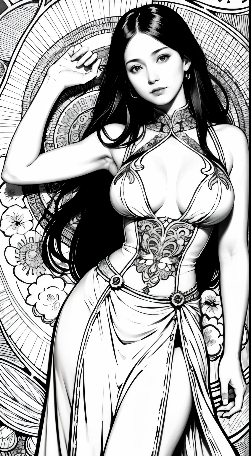 Pursuing their dreams, Coloring Book Page Line Art, All-white background, whole body,barefoot,((Use only contours, Line Art, Coloring Book, Clean Line Art)), Open long skirt,Charming and fit curves((Large Breasts)),Mandala,Lying in a sea of flowers,Coloring with natural patterns, Simple and clean Line Art, Coloring Book page, Decorated in Art Nouveau, With Alphonse Mucha's brush, Perfect details, real, White hair,Background pattern with closed edges