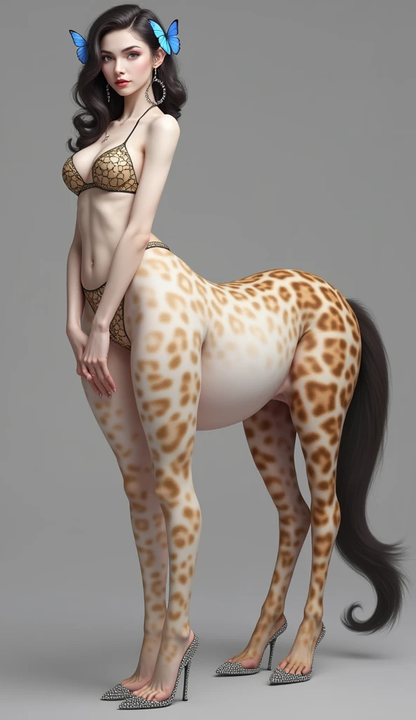 1Centaur Girl，Four legs，Leopard print underwear，Leopard-print clothing，Leopard print，Crystal high heels，The whole body is dazzling and starry，（(Wearing medieval leather armor: 1.6)）（Flesh-colored skin (Cynthia Sheppard), Fair and shiny skin, Full body CGsociety, Beautiful full body concept art, horse, smooth Fair and translucent skin, Pretty blue butterfly hair accessories and pale porcelain skin, Gu Weiss, Fair and translucent skin, Pale skin,,Ivory white skin, Light milky white porcelain skin，（Skin tone consistency）