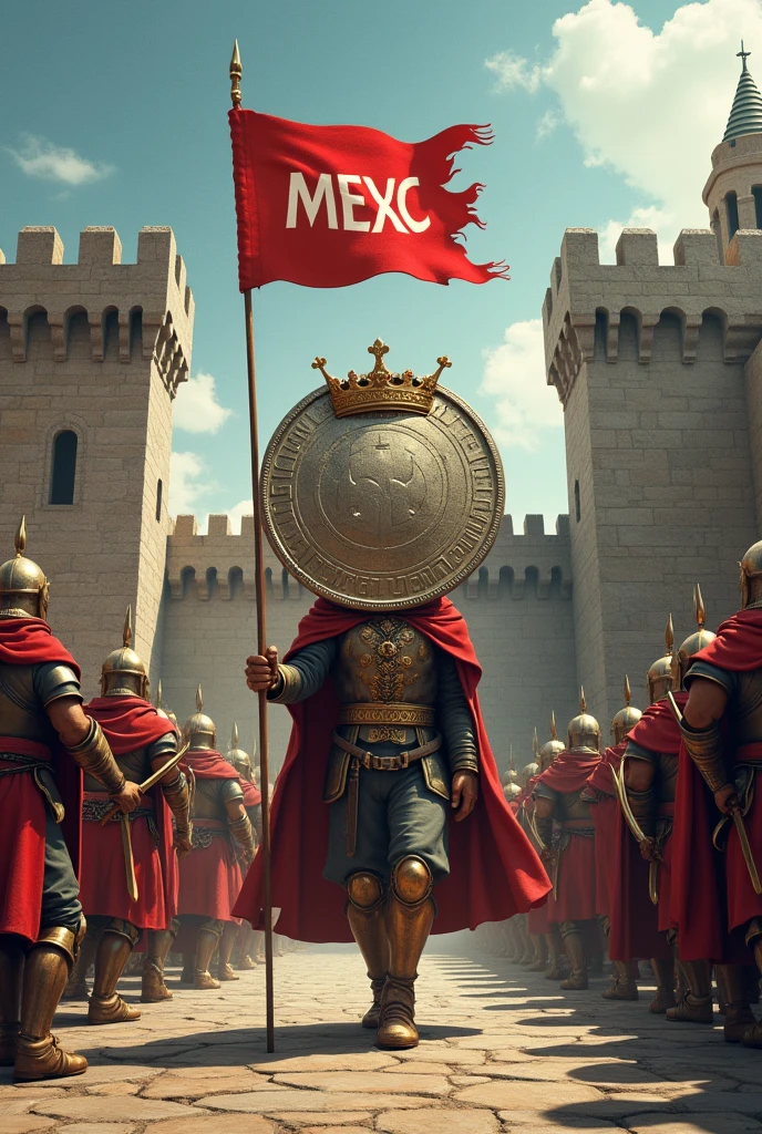 The king, whose head is very large and looks like a coin and has a crown, enters a castle with his warriors, which has a Mexc flag.